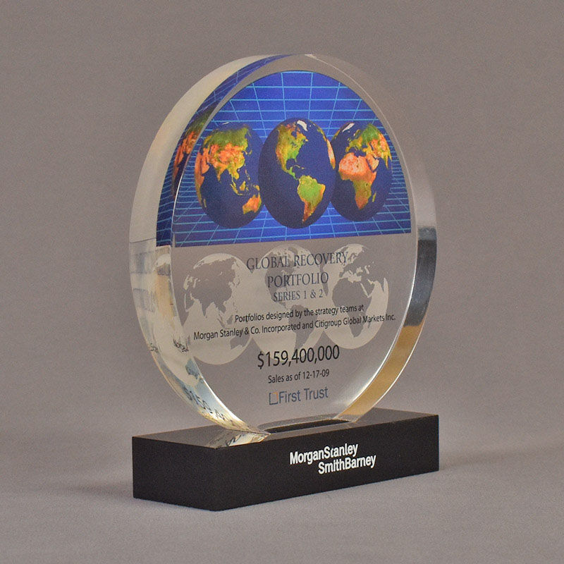 Round Lucite® embedment with laser engraved black base color filled with white paste.